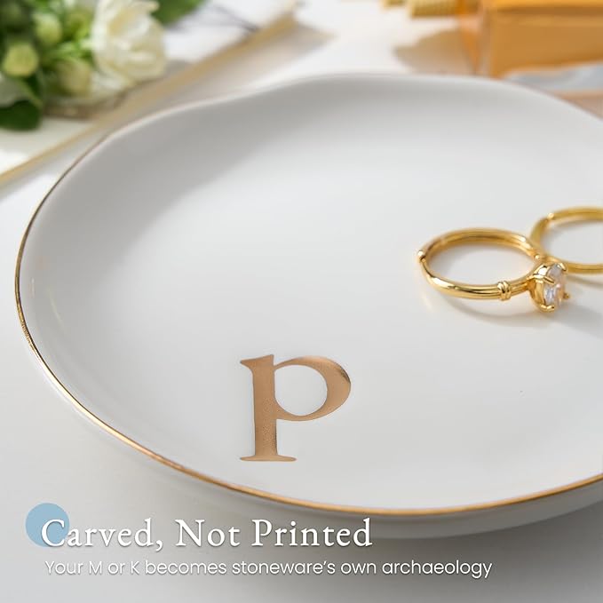 Lolalet Handmade Ceramic Ring Dish Jewelry Tray Plate with Initial, Small Monogram Gift for Her Women Girls Mother, Hostess, Engagement, Bridal Shower, Maid of Honor, Bridesmaid, Birthday, Christmas