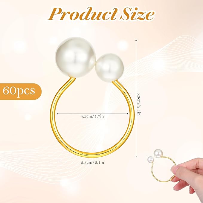 60 Pcs Gold Pearl Napkin Rings Bulk, Wedding Napkin Rings with Dual Pearls for Thanksgiving, Christmas, Party Decor, Elegant Table Setting Accessories