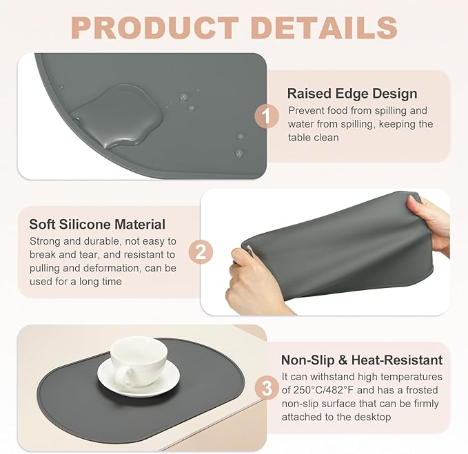 uxcell 2 Pcs Oval Silicone Placemat, 15.4" x 10.4" Non-Slip Washable Table Placemats Heat Resistant Waterproof Mat with High Edge for Table Kitchen Desk Protection, Dark Gray