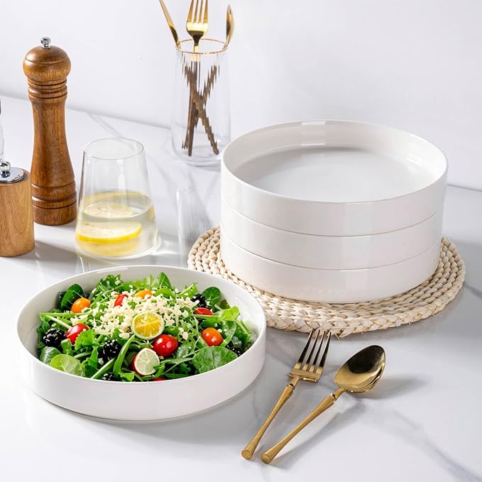 LERATIO Pasta Bowls Set of 4,30 Oz Ceramic Large Salad Bowls,Stackable,Wide Modern Porcelain Bowls for Pasta,Salad,Fruit,Bread,Microwave & Oven & Dishwasher Safe Shallow- White
