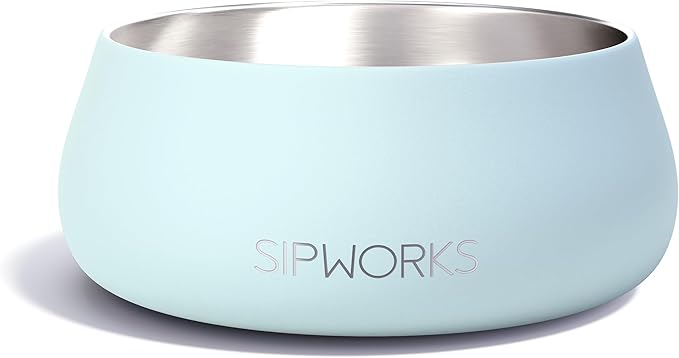 Sipworks Stainless Steel Dog Bowl – 32oz Weighted Metal Food and Water Bowls for Dogs and Cats with Non-Slip Base - Pet Bowls for All Breeds Sizes for Travel & Outdoor Play | Light Cyan