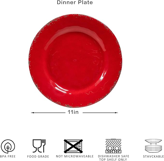 Farmhouse Melamine Dinner Plate set, 11 inch Unbreakable Serving Plates, Set of 6, Lightweight Dinnerware Plate, Large Dessert or Salad Plate Set, Chip Resistant Camping Dishes, Red…