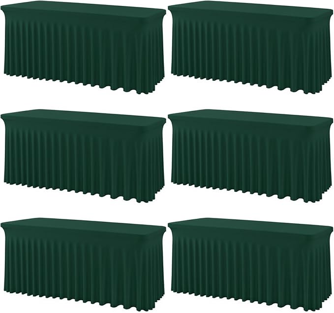 6 Pack Dark Green Rectangle Tablecloth with Elastic Table Skirt – 6FT Fitted Spandex Table Cover, 72 Inch Wrinkle-Resistant & Stretchable for Christmas Party Banquet Buffet Restaurant