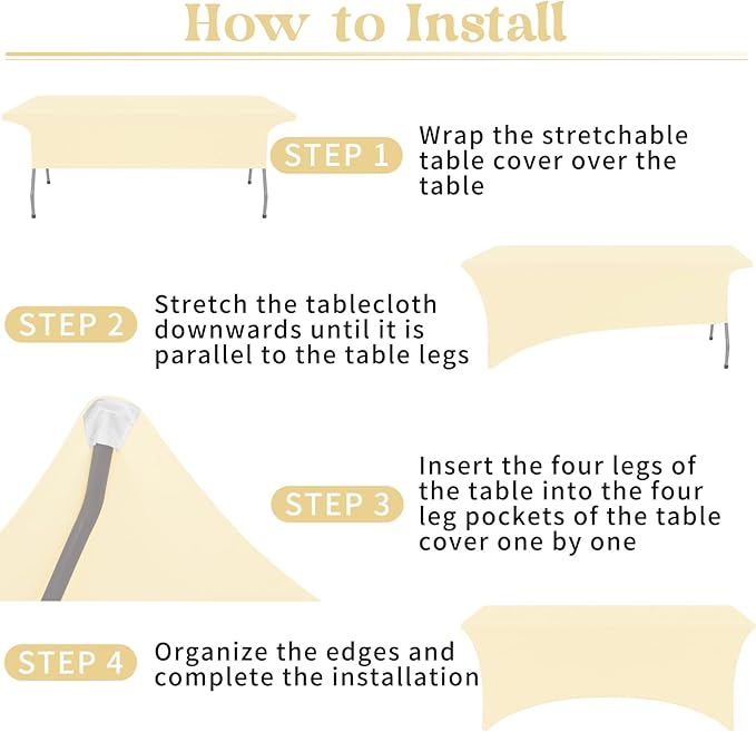 HAISIWLKJ 6 Pack Table Cloth 8ft Beige Tablecloths for Rectangle Folding Table Spandex Fitted Stretch Cover Wrinkle Resistant Washable Protector for Party, Wedding, Banquet, Festival.