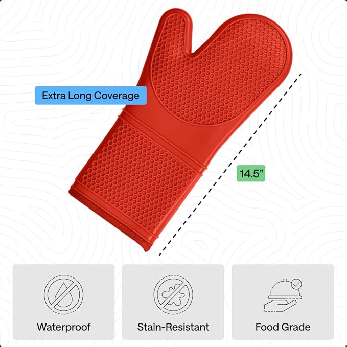 GORILLA GRIP BPA-Free Soft Silicone Oven Mitts, 14.5x8.3, Heat Resistant and Waterproof Cooking Gloves, Thick Cotton Lining, Flexible Gripping for Baking Grilling, Kitchen Potholders Set of 2, Coral