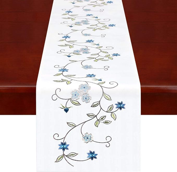 Small Short Double Thickness Rustic Embroidered Floral Table Runners by Simhomsen