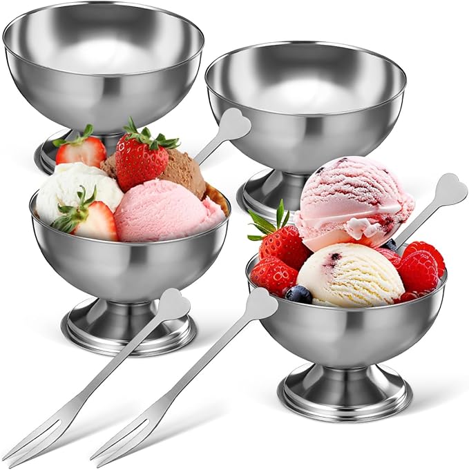 Totority Stainless Steel Ice Cream Bowls 4 Set – Footed Dessert Cups for Sundae, Yogurt, Pudding, Fruit Salad, Snacks Stackable Serving Dishes for Home Parties Restaurants with Modern Polished Look