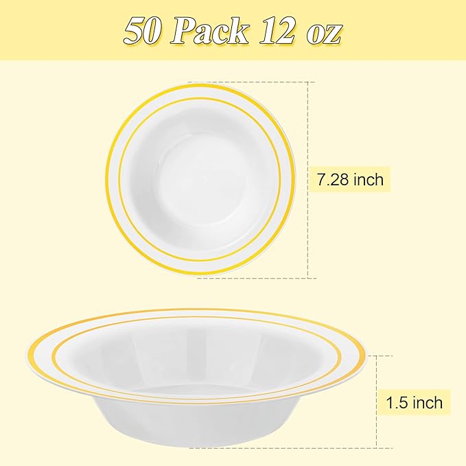 BESTSTAR 100 Pack Disposable Soup Bowls with Gold Rim, 12oz Premium Heavy Duty Plastic Dinner Bowls for Party, Wedding and Holiday