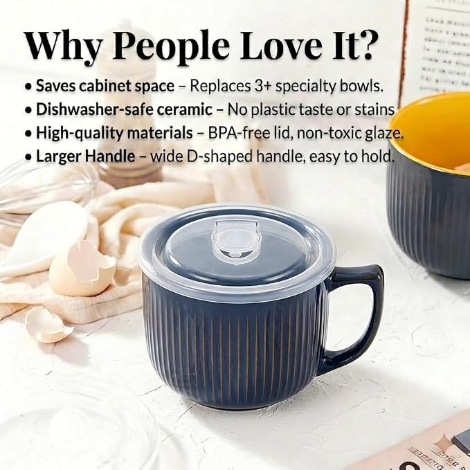 Ceramic Soup Bowl with Handle & Lid, 32oz Microwave Ramen Bowl Vintage Blue | - Image 6