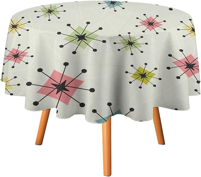 Retro Mid Century Round Tablecloth, Vintage Modern Colorful Abstract Geometric Art Bohemian Tablecloth for Home Party Dining Room Kitchen Decor 70Inch(178cm)