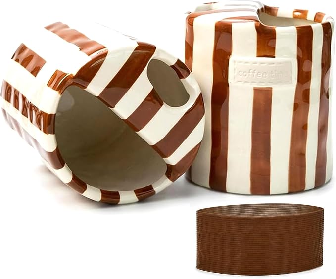 Ceramic Coffee Mug with Half Lid, 12oz Handmade Retro Striped Travel Mug by KOIMYSA