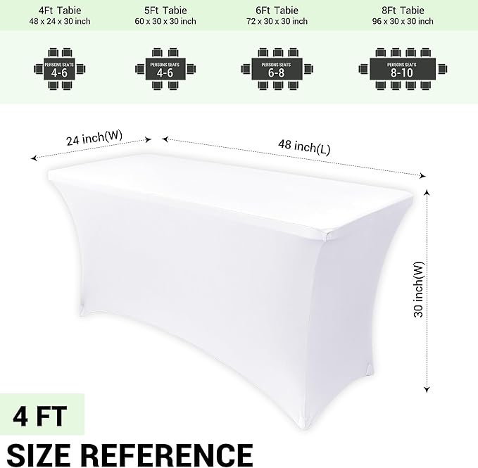 Obstal 6 Pack Stretch Spandex Table Covers for 4 Foot Tables - 4 FT Universal Rectangular Fitted Tablecloth Protector for Wedding, Banquet, Party (White, 48 Length x 24 Width x 30 Height Inches)