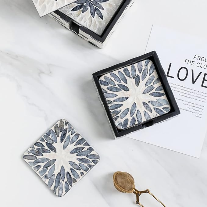 I-lan 6 Pack Mother of Pearl Square Decorative Coaster Set with Holder, Dark Grey Seashell Inlay Square Cup Holder with Shine, Decorative Coasters Capiz Shell Trivet for Coffee Table, 4 Inch