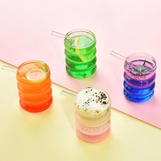 ALINK 16 oz Bubble Drinking Water Glasses Tumblers- Glass Cups Cute Ripple - Image 4
