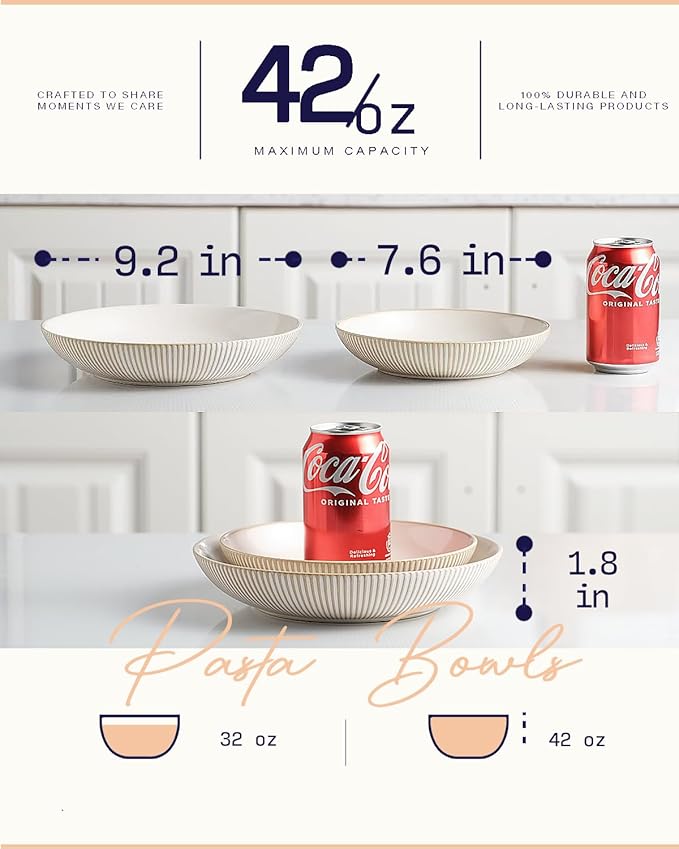 getstar Pasta Bowls, Large Salad Serving Bowls (9.2 inch/42 oz), Ceramic Bowl Plates Set of 4, Farmhouse Embossments, Microwave and Dishwasher Safe