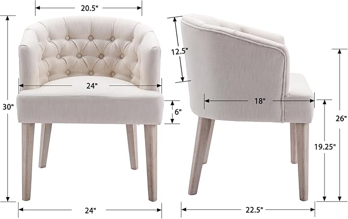 Mid-Century Dining Chairs Set of 2, Tufted Upholstered Linen Dining Room Chairs Comfy Side Chair Armchair Guest Chair with Wooden Legs for Dining Room Living Room, Beige