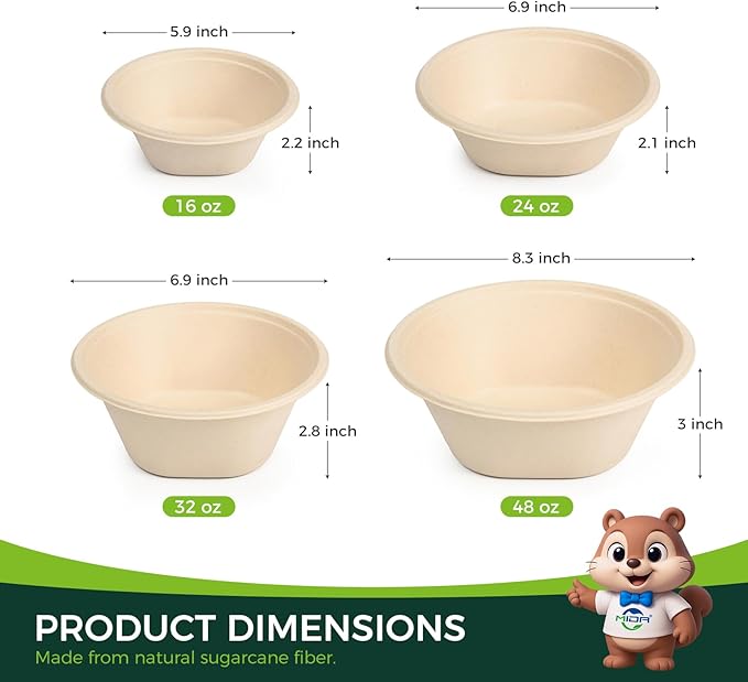 [50 Pack] 24 OZ Heavy Duty Disposable Paper Bowls - Made from Natural Bagasse - Eco-friendly Bowls for Hot Soup, Salad, Dessert