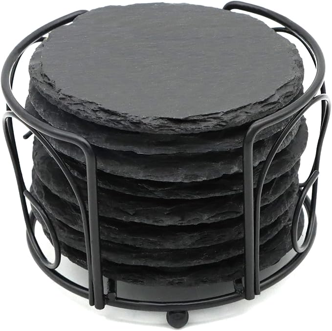 8 Pack 4 Inch Round Black Slate Coasters Set by SIJDIEE