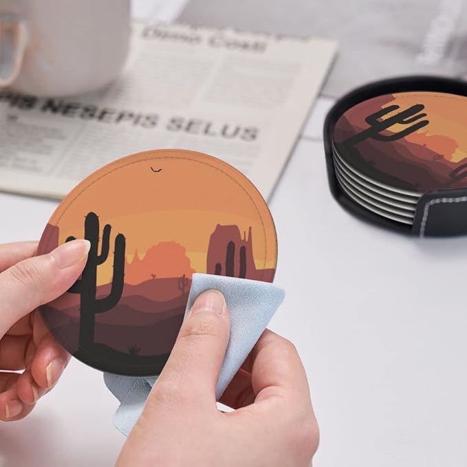6 Pcs Desert Sunset Cactus Leather Coasters - Image 6