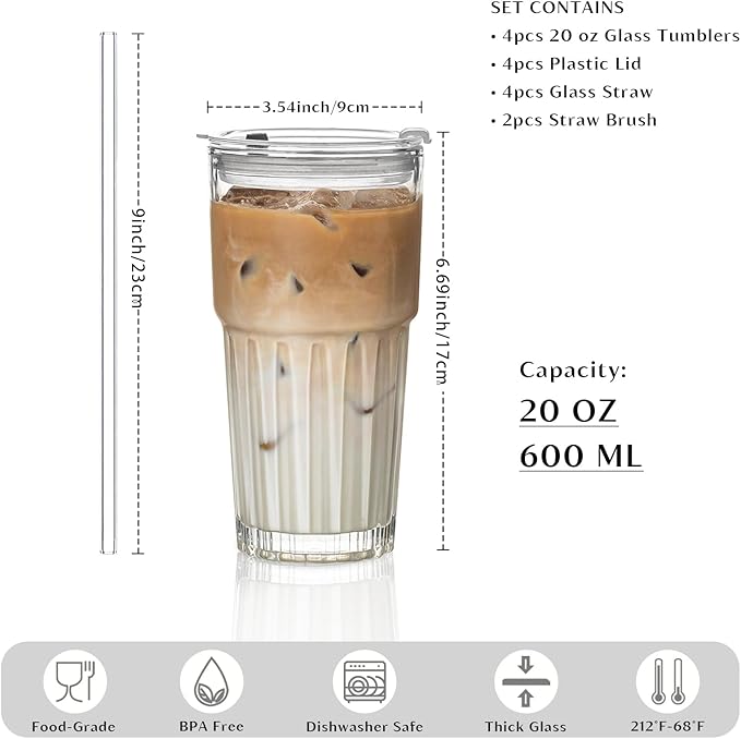 INSETLAN 20 oz Clear Glass Tumbler Set with Lids and Straws – 4-Pack Iced Coffee Cups with Glass Straws & Brushes, Reusable Drinking Glasses for Smoothies, Tea, Juice, Beer, Cold Beverages