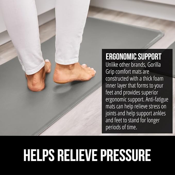 GORILLA GRIP 2 Pack Comfortable Cushioned Kitchen Mats for Floor, 17x29 + 17x59, Waterproof and Stain Resistant, 1/2 Inch Thick Soft Ergonomic Standing Desk Anti Fatigue Mat, Foam Supports Feet, Gray