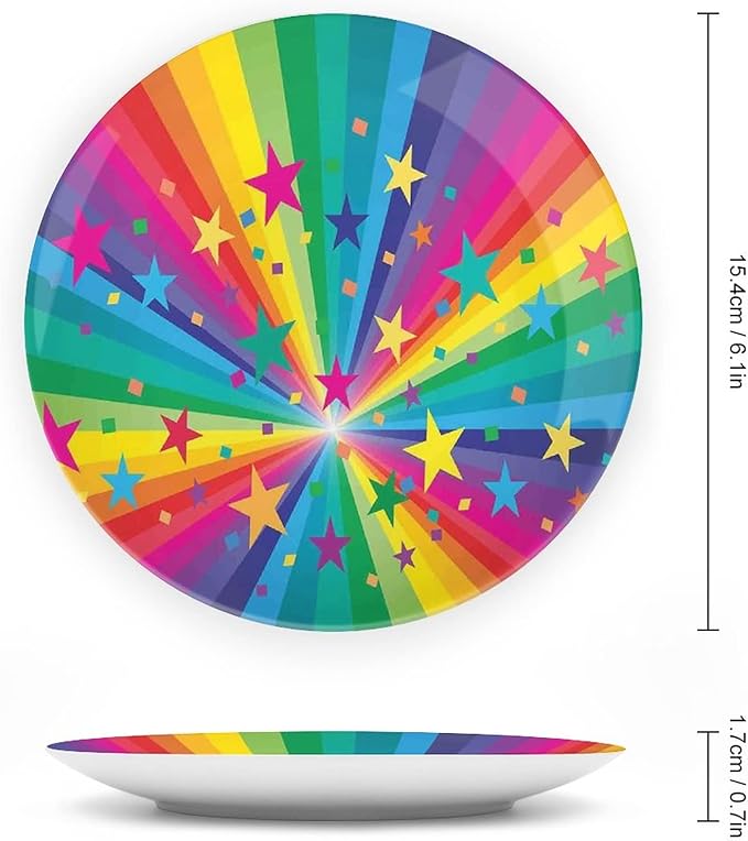 Ceramic Plates, Abstract Decor Decorative Ceramic Plates, Abstract Rainbow and Stars Confetti Rays Striped, 6 Inch, for Dining, Parties, Wedding, Multy