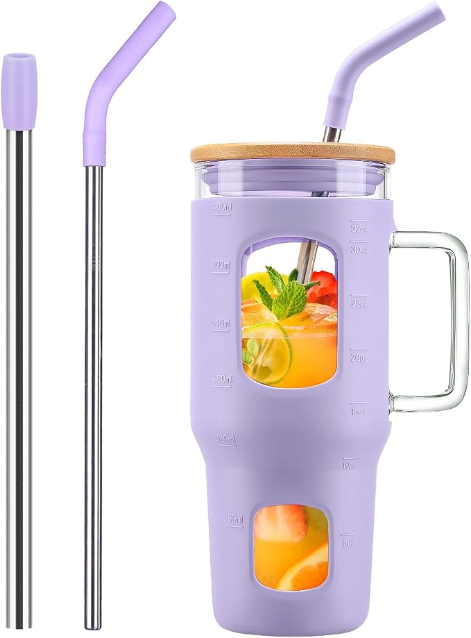 WINSA 32 oz Glass Tumbler with Straw and Lid, Glass Water Bottles with Time by WINSA