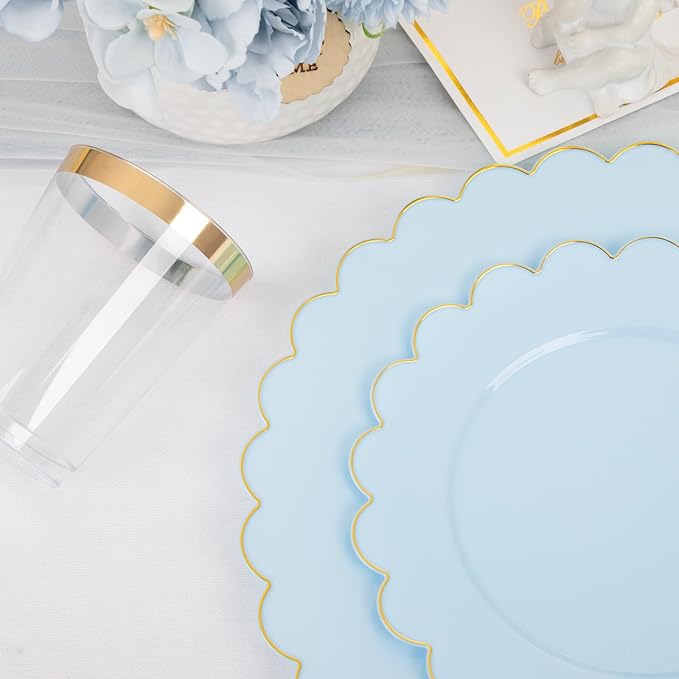 LIYH 210 Pcs Light Blue Plastic Dinnerware Set - Baby Blue Plastic Plates Napkins with Gold Foil Include Bridal Shower Plates Disposable Gold Silverware Napkins Cups for Birthday 30 Guests
