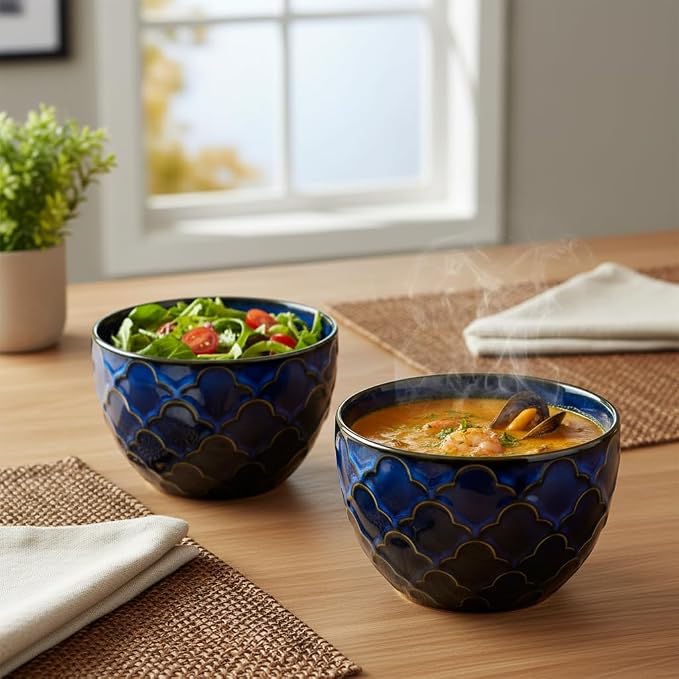 24oz Ceramic Cereal Bowls Set of 2, Dark Blue Deep Soup Bowls | Soup Bowl - Image 3