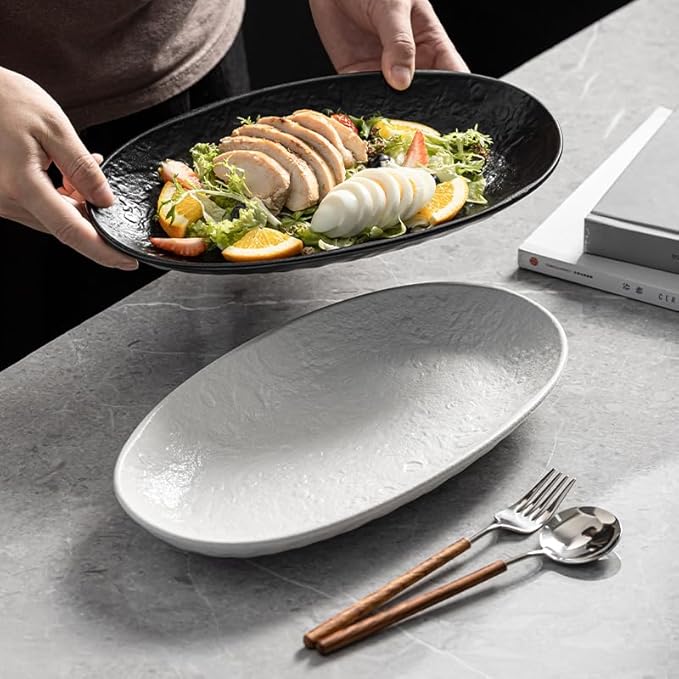 Serving Platter 12 Inches, Ceramic Oval Dinner Plate Set of 2, Serving Dishes for Entertaining, Dishwasher & Oven Safe Kitchen Dinnerware for Salad, Chicken, Pasta, Fish, Beef, White