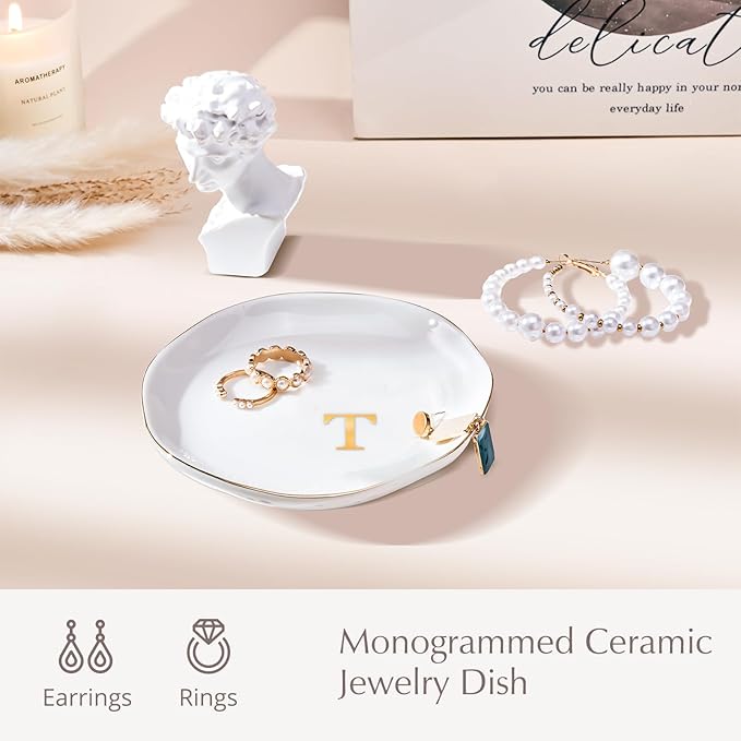 ProCase Ceramic Jewelry Tray, Initial Ring Dish Trinket Plate Engagement Gift, Small Personalized Monogram Ring Bowl for Wedding, White Decorative Jewelry Holder for Women Vanity -Letter T