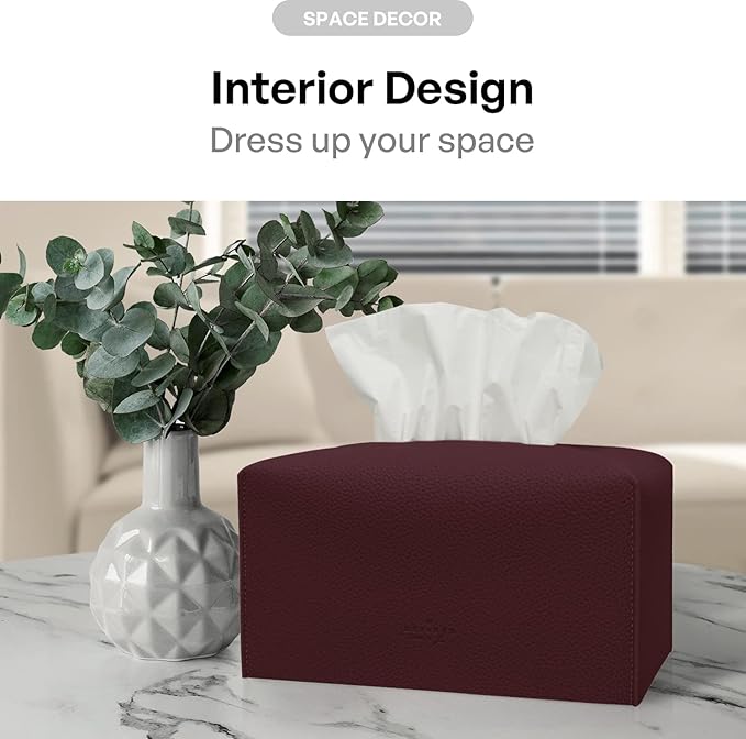 Carrotez Tissue Box Cover, [Refined] Modern PU Leather Rectangular Tissue Box Holder - Decorative Holder/Organizer for Bathroom Vanity Countertop, Night Stands, Office Desk 9.5"X5"X5" - Wine