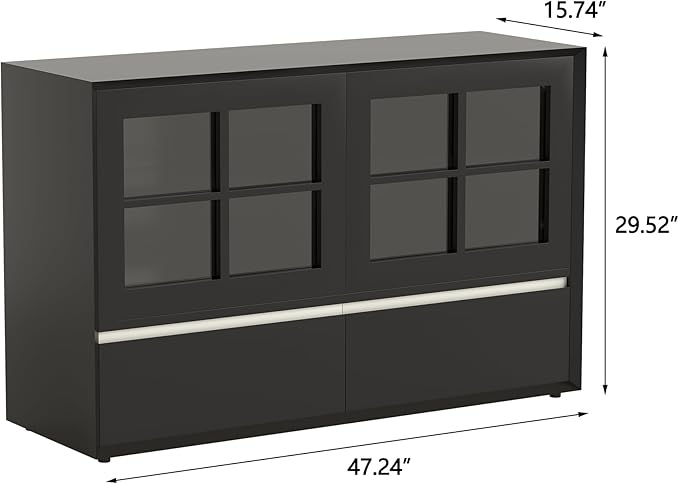 47.24" Solid Wood Storage Cabinet Organizer with Glass Doors & Drawers, Black Sideboard Buffet Cabinet for Living Room, Dining Room, Entryway, Kitchen & Home Office