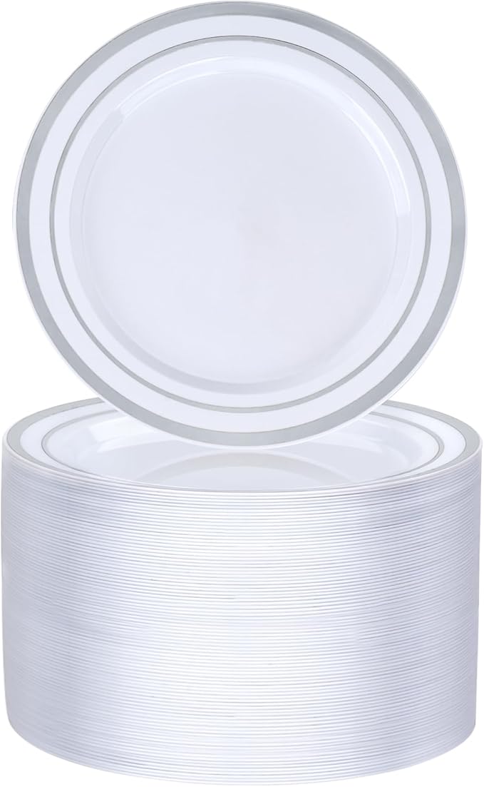 BESTVIP 100PCS 7 Inch Silver Plastic Dessert Plates, Disposable Plate with Silver Rim for Salad/Samll Cakes, Heavy Duty Plates for Party, Wedding and Birthday, Events, Christmas, Thanksgiving