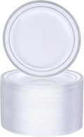 BESTVIP 100PCS 7 Inch Silver Plastic Dessert Plates, Disposable Plate with Silver Rim for Salad/Samll Cakes, Heavy Duty Plates for Party, Wedding and Birthday, Events, Christmas, Thanksgiving