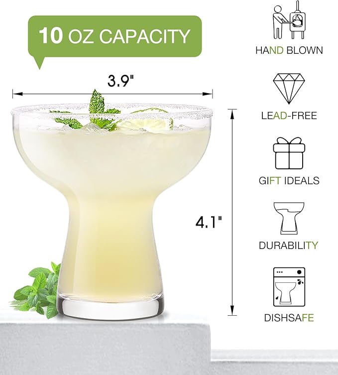 LUNA & MANTHA Martini Glasses Set of 4, 10oz Stemless Margarita Glasses, Modern Hand-blown Margarita Glass for Daiquiri, Frozen Cocktails, Dessert, Daily Use, Home Bar, Birthdays Gift, Crystal Clear