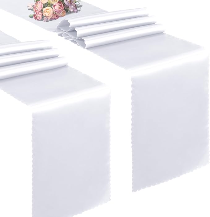 VACVELT White Satin Table Runners, 12x72 Inch, 2 Pack, Scalloped Edge | Silky by VACVELT