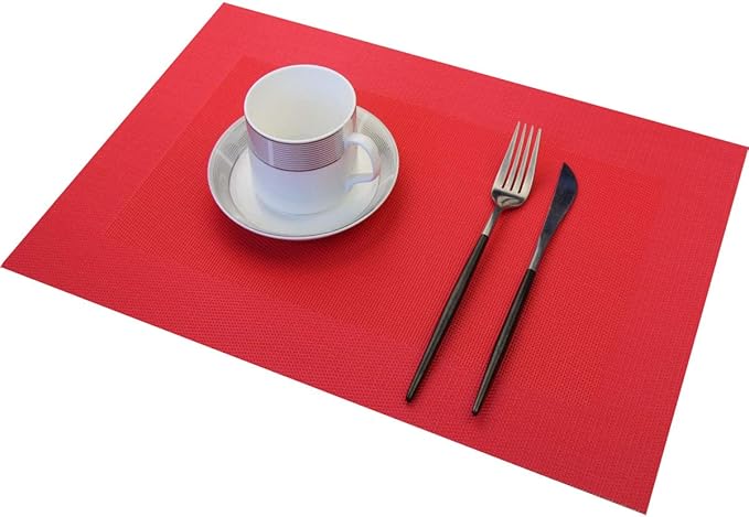 Vinyl Placemats Heat-Resistant Table Mats Washable Easy Clean Plastic Placemats for Dining Table Set of 4 (Red)