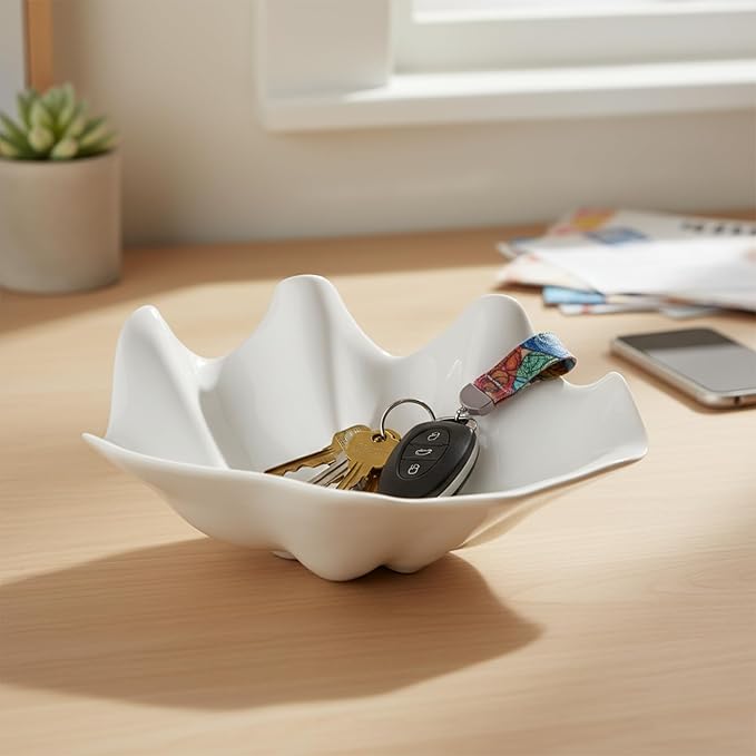 Coastal White Shell Serving Bowl, 20 oz Medium Plastic Dishes for Snacks, Candy, Nuts, Dips, Jewelry, Keys, Soap – Kitchen, Tabletop, Parties & Beach-Themed Decor (1 PACK)