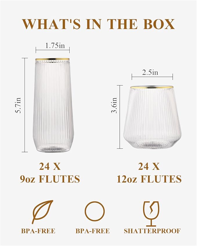 BESTSTAR 48Pack Gold Rim Disposable Ribbed Origami Ripple Plastic Glasses | 24 - Image 2
