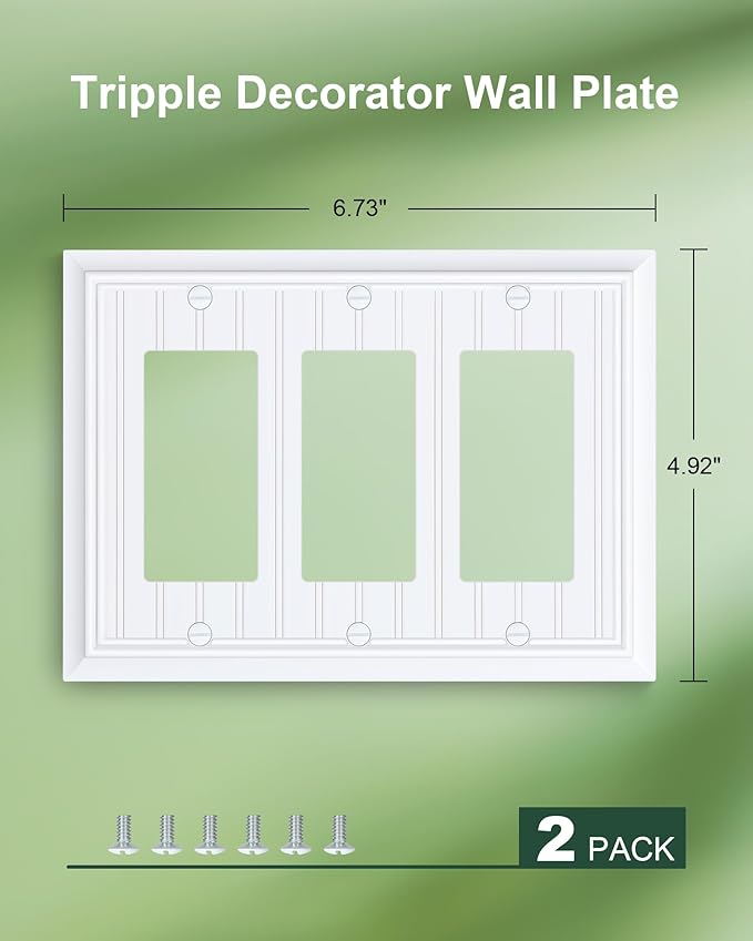 2-Pack Classic Beadboard Decorative Tripple Decorator Outlet Cover Plate, Durable Natural Bamboo Fiber Pure White Wall Plates for Electrical Outlets, Receptacle, GFCI Outlet, Dimmer Switch, 3-Gang