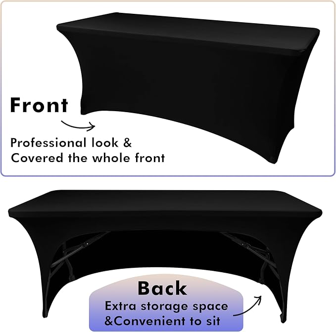 Nasitos 2 Pack Black Table Cloth Rectangle - 8 ft Spandex Stretch Tablecloths Fitted, Washable, Wrinkle-Free for Parties, Banquet & Trade Shows
