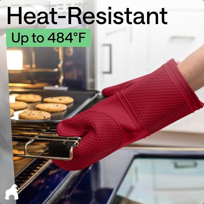 GORILLA GRIP BPA-Free Soft Silicone Oven Mitts, 14.5x8.3, Heat Resistant and Waterproof Cooking Gloves, Thick Cotton Lining, Flexible Gripping Kitchen Potholders Set of 2, Christmas Kitchen Decor, Red