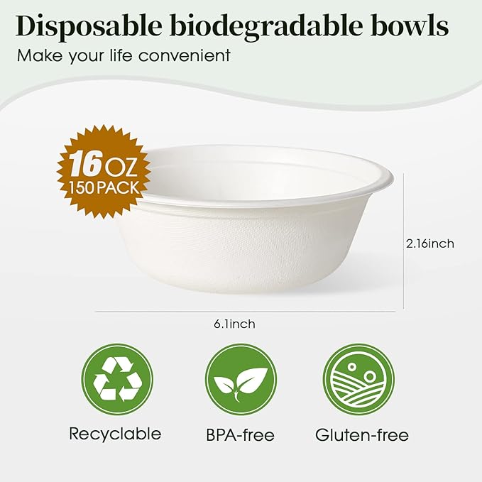 150 Pack 16 oz Compostable Paper Bowls Disposable - Image 2