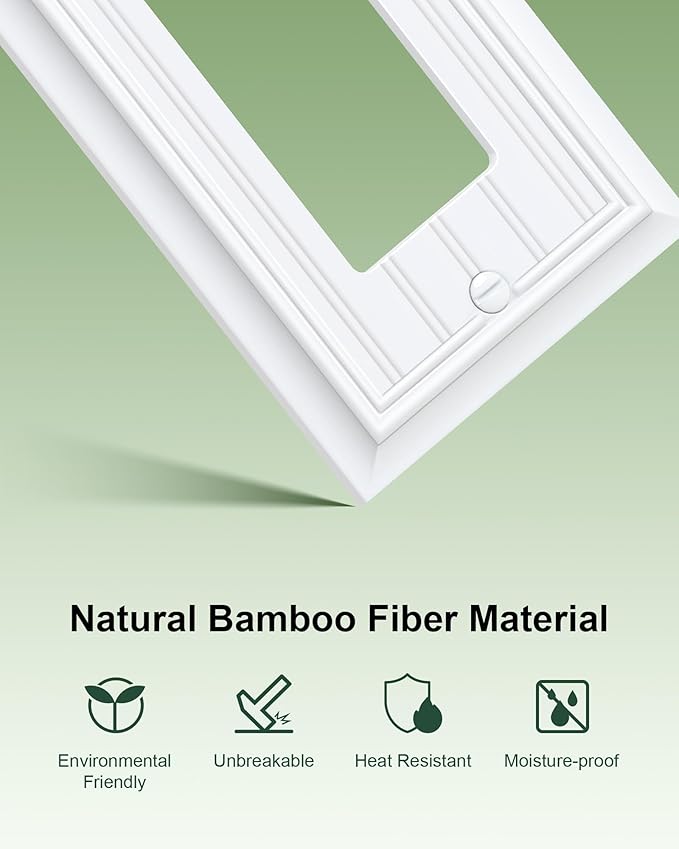 4-Pack Classic Beadboard Decorator Wall Plate Cover, Pure White Decorative Switch Plates and Outlet Covers, Durable Natural Bamboo Fiber Wall Plates for Electrical Outlets, Receptacle, GFCI Outlet