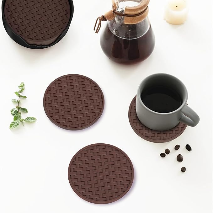 Brown Round Silicone Coasters with Holder, Heat Resistant & Waterproof Cup Mats, 4 Inches Non-Slip Decorative Coster Set 6 Packs for Home, Office, Kitchen, Coffee Bar Table