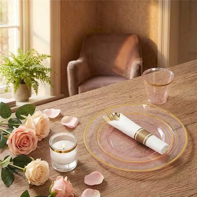 WELLIFE 210Pcs Clear-Pink Plastic Dinnerware- Pink and Gold Plastic Dinnerware - Image 4