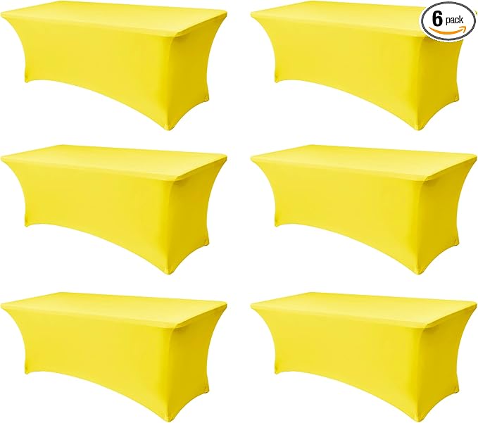 Fitted Stretch Table Cover for 6 Foot Rectangle Tables-6 Pack Yellow Spandex Tablecloth-Elastic Folding Tablecloths for Party, Vendor Booth Display, Banquet Buffet Event, Craft Trade Show