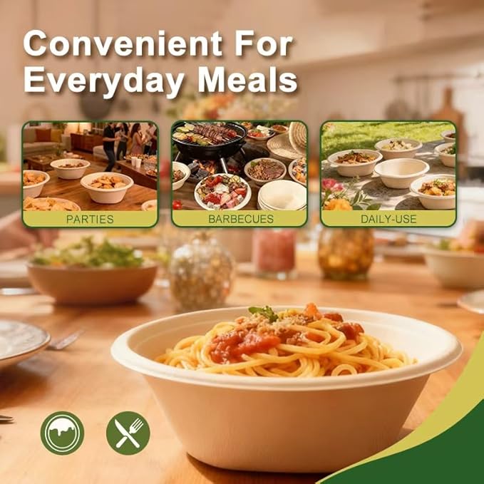 Disposable Bowls, 32 oz,100pack,bagasse,sugarcane Compostable, Natural Fiber, Round Shape, Bulk Pack