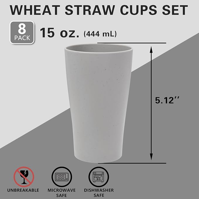 ejonirinjonir EI 15oz Wheat Straw Cups 8pcs Grey Plastic Reusable Cups - Image 2